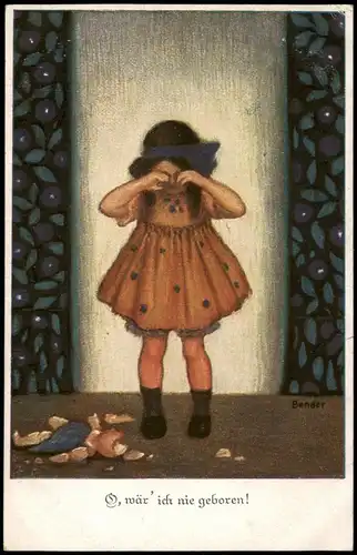 Künstlerkarte Künstler Maler Bender (Weinendes Kind, Mädchen Kaputte Puppe) 1920