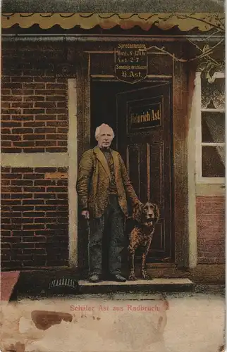 Ansichtskarte Radbruch (LK Lüneburg) Schäfer Ast mit Hund vor Haus 1906