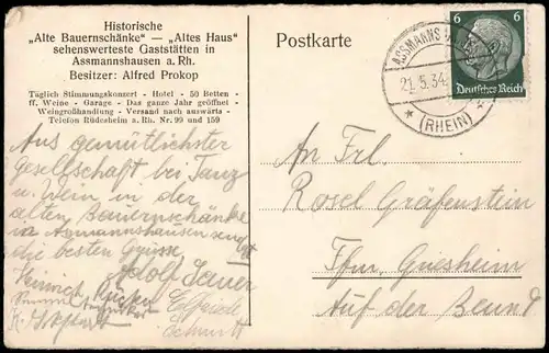 Assmannshausen  Rüdesheim (Rhein) „Alte Bauernschänke“ –  Gaststube 1934