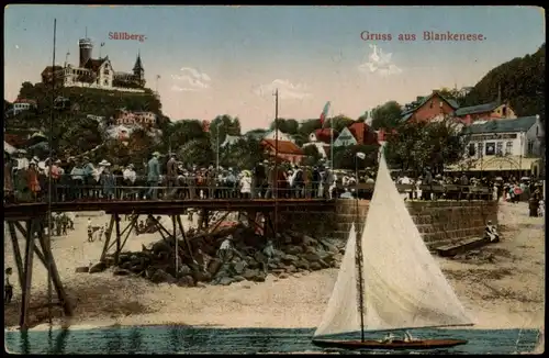 Ansichtskarte Blankenese-Hamburg Elbe Strand belebt, Blick zum Süllberg 1938