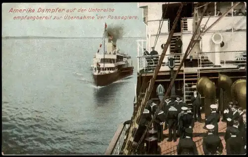 Amerika Dampfer Unterelbe empfangbereit zur Übernahme der Passagiere 1910