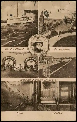 St. Pauli-Hamburg Mehrbild-AK mit Elbtunnel HH-Steinwärder Landungsbrücken 1919