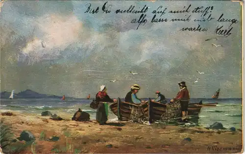 Ansichtskarte  Künstlerkarte Gemälde Kunstwerk mit Fischern am Strand 1912