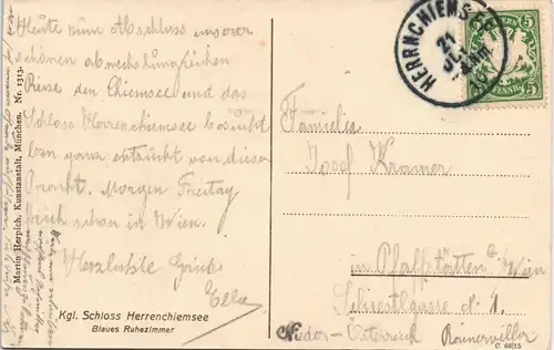 Ansichtskarte Chiemsee Herrenchiemsee Schloss Blaues Ruhezimmer 1910