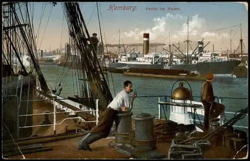 Ansichtskarte Hamburg Freihafen Hafen Seemann auf dem Deck 1918