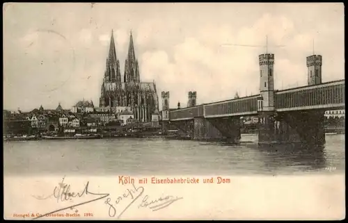 Ansichtskarte Köln Ortspanorama mit Eisenbahnbrücke und Dom 1900