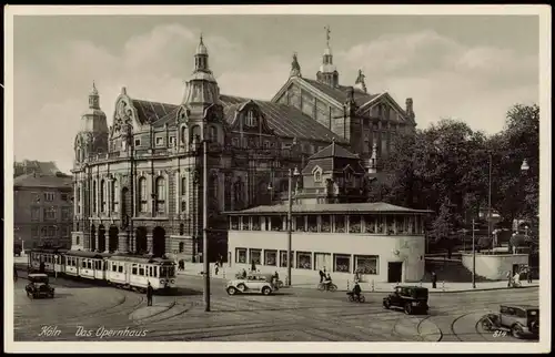 Ansichtskarte Köln Kreuzung mit Autos u. Tram vor dem Opernhaus 1930