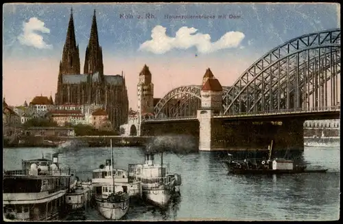 Ansichtskarte Köln Rhein Schiffe a.d. Hohenzollernbrücke, Dom 1921