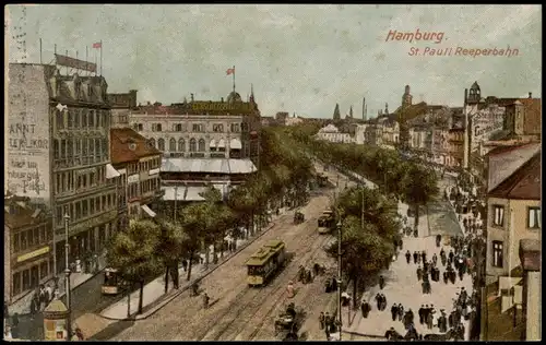 St. Pauli-Hamburg Reeperbahn aus der Vogelschau mit Tram-Linie 1910