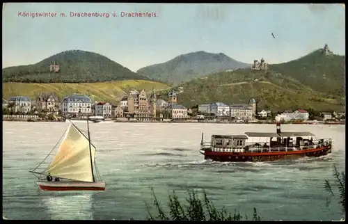 Ansichtskarte Königswinter Rhein Schiffe, Drachenburg u. Drachenfels 1910