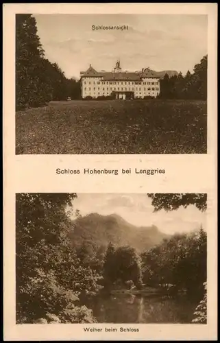 Ansichtskarte Lenggries Schloss Hohenburg, 2 Außenansichten, Weiher 1910