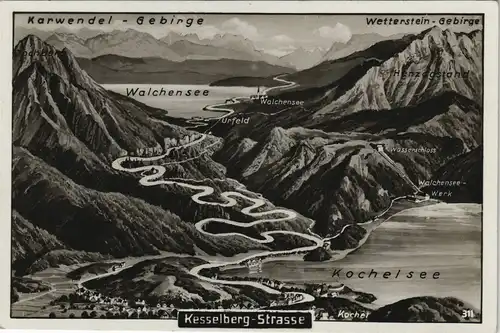 Urfeld-Kochel am See Panoramakarte Kesselbergstraße, Kochelsee, Walchensee 1930