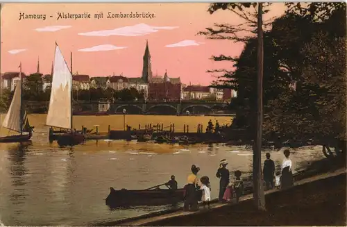 Ansichtskarte Hamburg Alster Alsterpartie mit Lombardsbrücke 1910