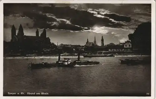 Ansichtskarte Speyer Abend am Rhein; Panorama mit Schiff 1925