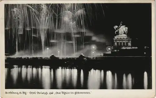 Ansichtskarte Koblenz Deutsches Eck, Beleuchtung, Leuchtspuren 1930