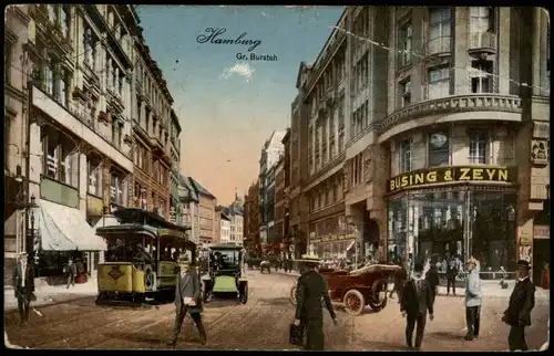 Altstadt-Hamburg Großer Burstah, Straßenbahn, Auto Geschäft Büxing & Zeyn 1912