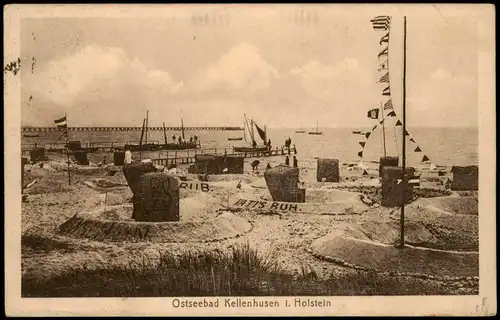 Ansichtskarte Kellenhusen (Ostsee) Strandleben, Bootssteg 1925
