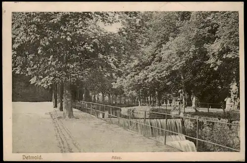 Ansichtskarte Detmold Stadtteilansicht Allee mit Fluss Staustufe 1916