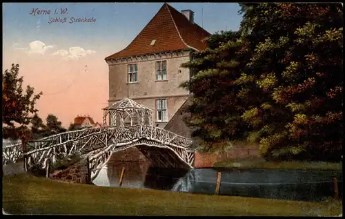 Ansichtskarte Herne Schloß Strünkede mit kleiner Holz-Brücke 1919