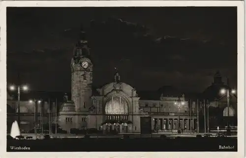 Ansichtskarte Wiesbaden Hauptbahnhof bei Nacht Stimmungsbild 1940