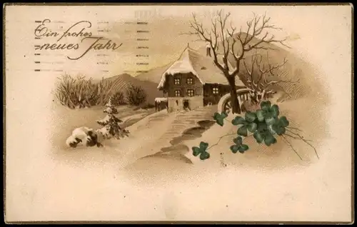 Neujahr Sylvester New Year Motiv: Verschneites Haus, Kleeblatt 1925
