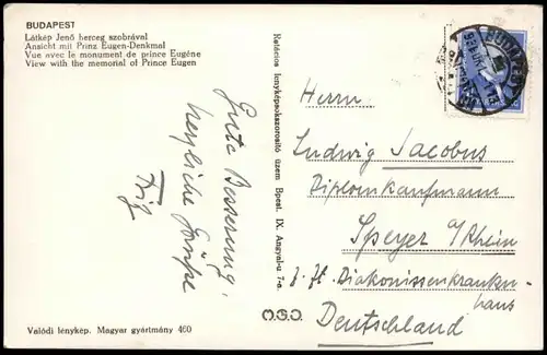 Postcard Budapest Panorama Stadt-Ansicht mit Prinz Eugen-Denkmal 1950