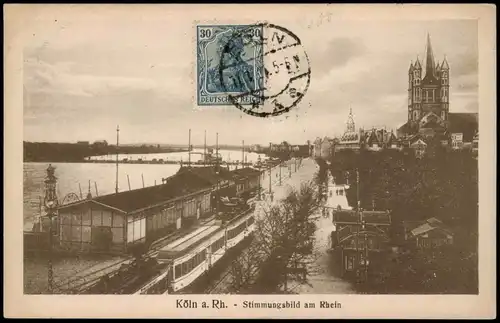 Ansichtskarte Köln Straße, Straßenbahn Stimmungsbild am Rhein 1924