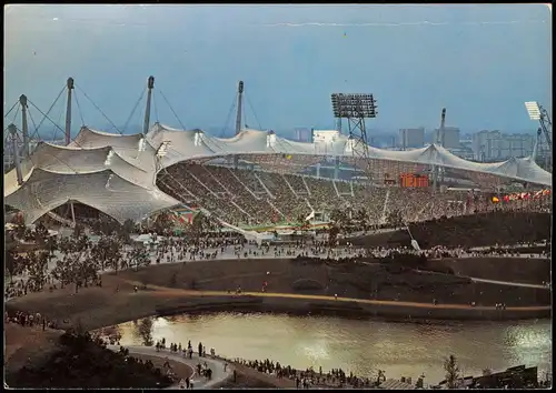 Ansichtskarte München Olympiagelände mit Olympiasee und Olympiastadion 1975