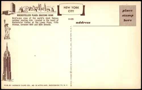 Postcard New York City ROCKEFELLER PLAZA SKATING RINK 1960
