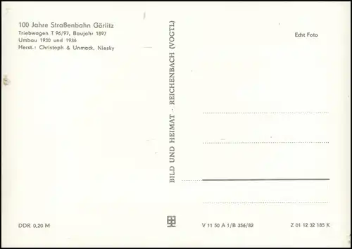 Ansichtskarte Görlitz Zgorzelec 100 Jahre Straßenbahn T96/97 1982