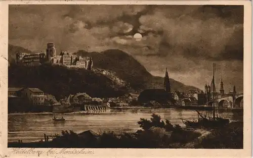 Ansichtskarte Heidelberg Stadt bei Mondschein Stimmungsbild 1921