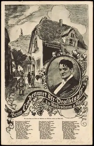 Rüdesheim (Rhein) Drosselgasse - Künstlerkarte - Betrunken 1931