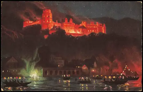 Ansichtskarte Heidelberg Schloßillumination - Boote bei Nacht 1926