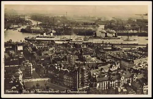 Ansichtskarte Hamburg Blick auf Hafenstadtviertel und Dampfer 1934