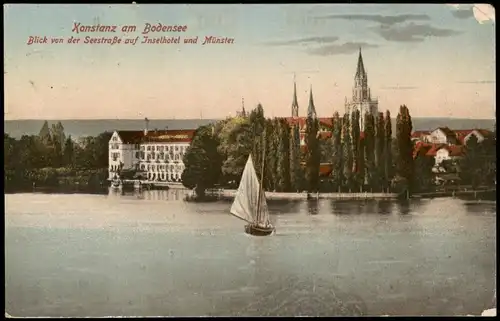 Konstanz Blick von der Seestraße auf Inselhotel und Münster 1922