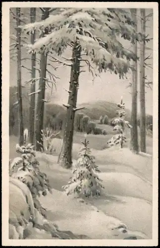 Künstlerkarte und Stimmungsbild Natur: Verschneiter Winter-Wald 1943