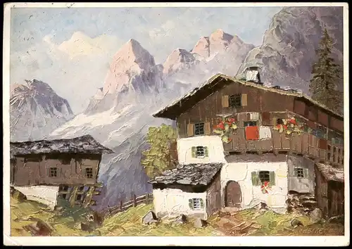 Ansichtskarte  Künstlerkarte J. Hecker Dorf Partie in den Bergen 1939