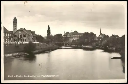 Ansichtskarte Kehl (Rhein) Stadtweiher mit Pestalozzischule 1930