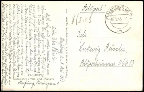 Straßburg Strasbourg Garnisonskirche 1943 2. WK als Feldpost (an FP-Nr. 06613)