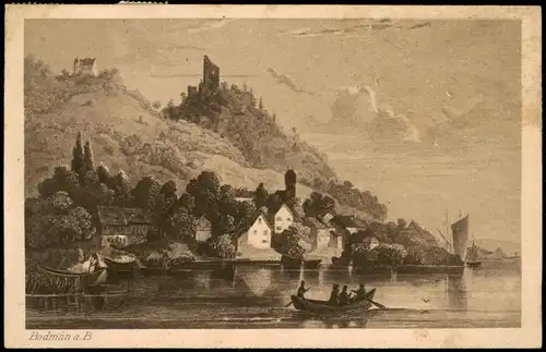 Ansichtskarte  Künstlerkarte Bodman mit Ruine der Burg (K. Conradi) 1929