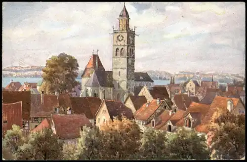 Überlingen Panorama Ansicht; Künstlerkarte Gemalt von V. Marschall 1927
