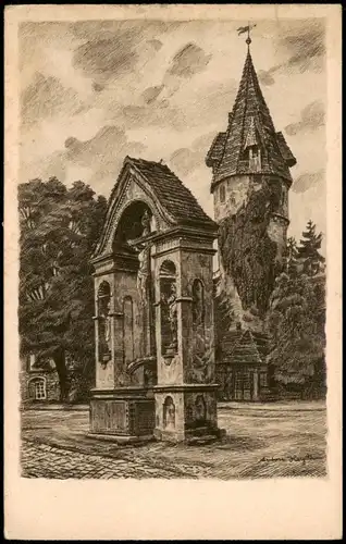 Ravensburg Kreuzbrunnen Hintergrund  Grüne Turm, Künstlerkarte Kunstdruck 1920