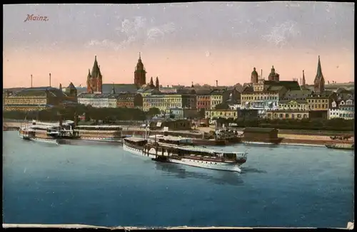 Ansichtskarte Mainz Panorama-Ansicht am Rhein Ufer anlegende Schiffe 1910