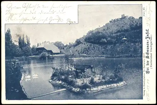 Ansichtskarte Karlsruhe Stadtgarten - Schwaneninsel, Schwarzwaldhaus 1900