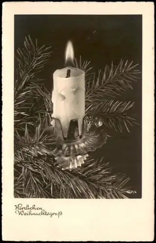 Weihnachten Christmas, Grusskarte Kerze zwischen Tannen-Zweigen 1940