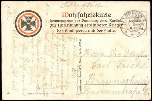 Feldpostkarte 1. WK Generalleutnant von Ludendorff 1915  gel Stempel UFINGEN