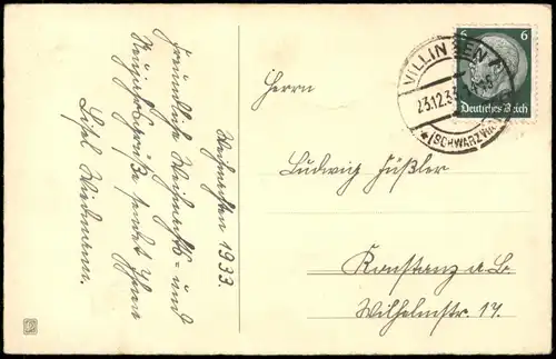 Weihnachten Christmas, Grusskarte Winter-Landschaft 1933 gel  Stempel VILLINGEN