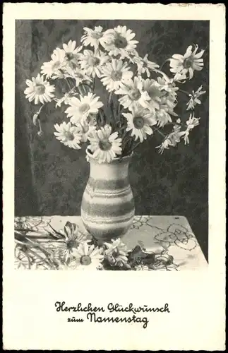 Glückwunsch Karte zum Namenstag (Blumen Motiv, Blumenvase) 1950