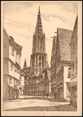 Ansichtskarte  Künstlerkarte (Zeichnung - vermtl. Ulmer Münster in Ulm) 1946