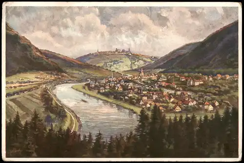 Dilsberg-Neckargemünd Panorama mit Blick auf den Dilsberg, Künstlerkarte 1922